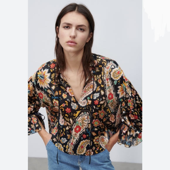 Zara Black, Rust, Ivory & Turquoise Boho Paisley Floral Cropped Gauzy Blouse - Picture 12 of 12